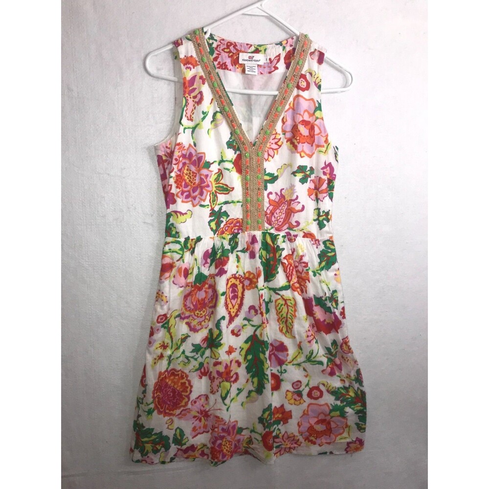 Vineyard Vines Dress Womens Size 2 Tunic Embroidered Pink Island Flowers Cotton